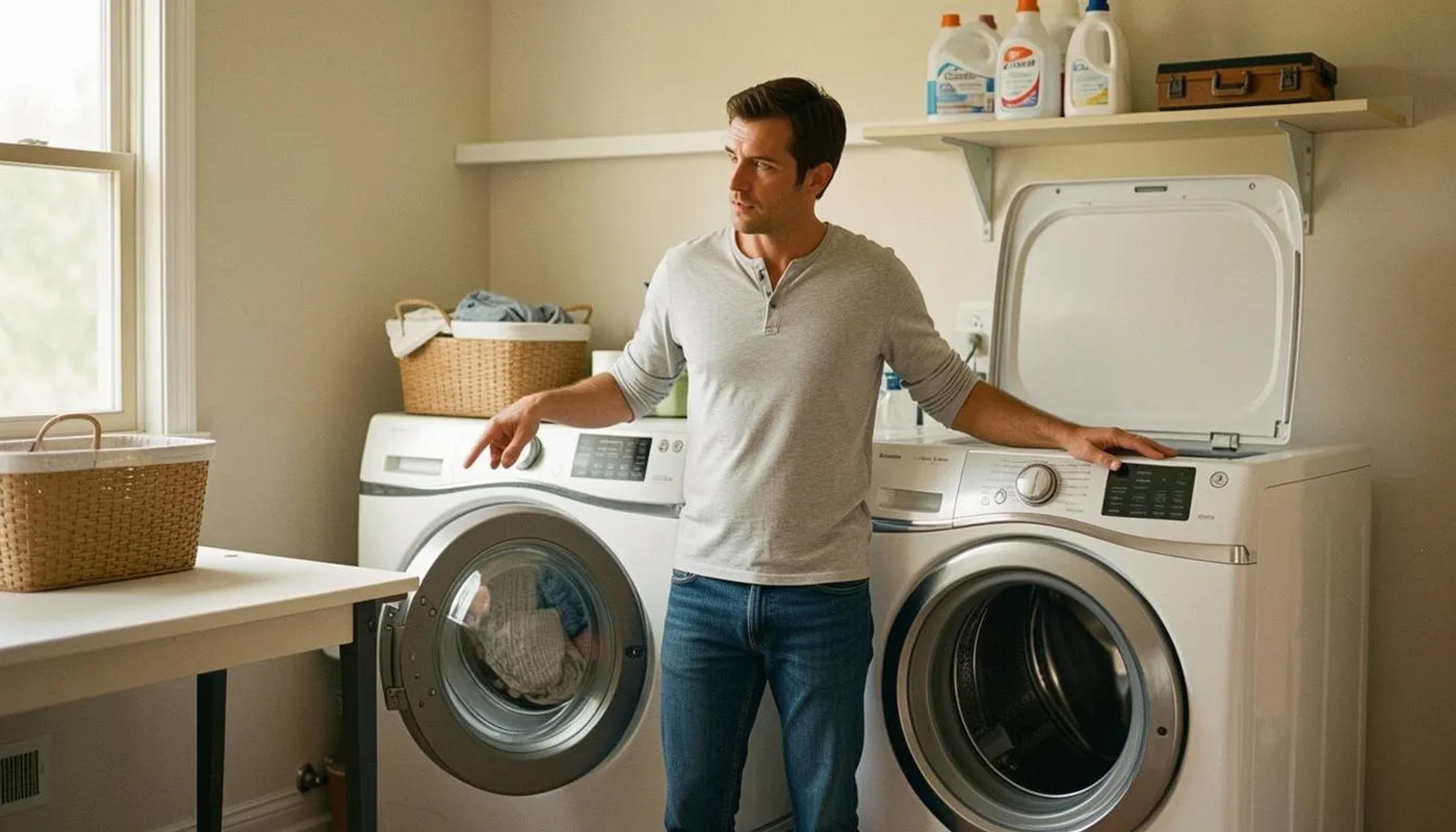 Man standing between a front-load washer and a top-load washer in a laundry room