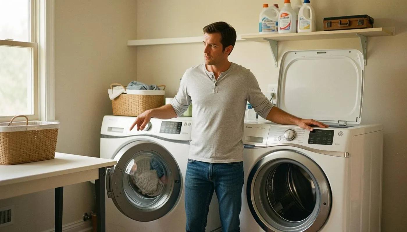 Man standing between a front-load washer and a top-load washer in a laundry room
