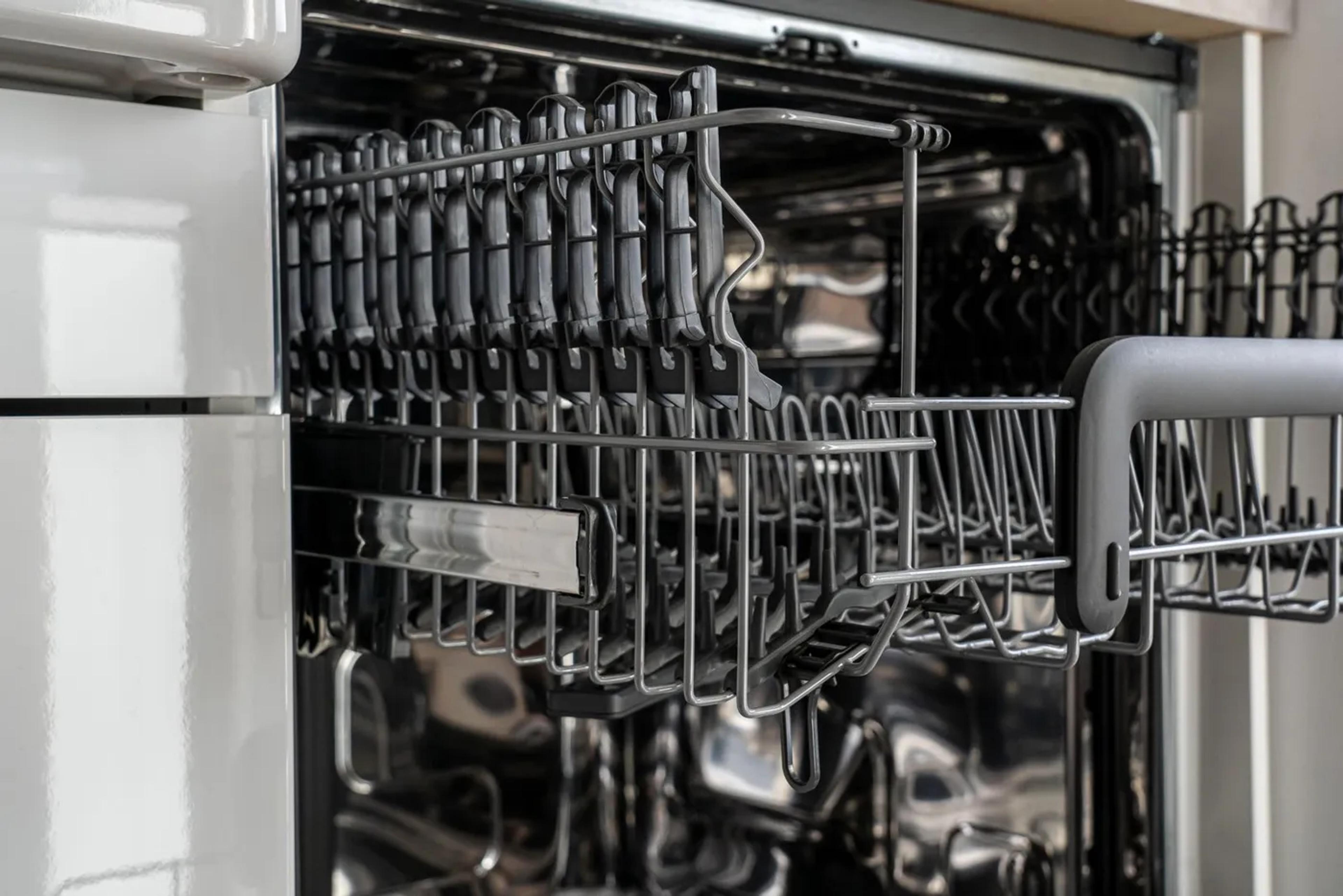 Open dishwasher with empty stainless steel racks
