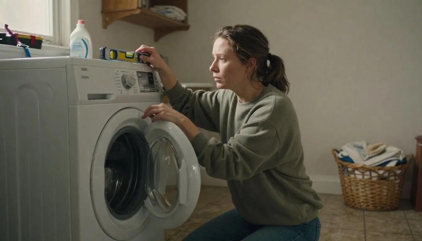 Woman kneeling beside a front-load washer, checking it with a bubble level on top
