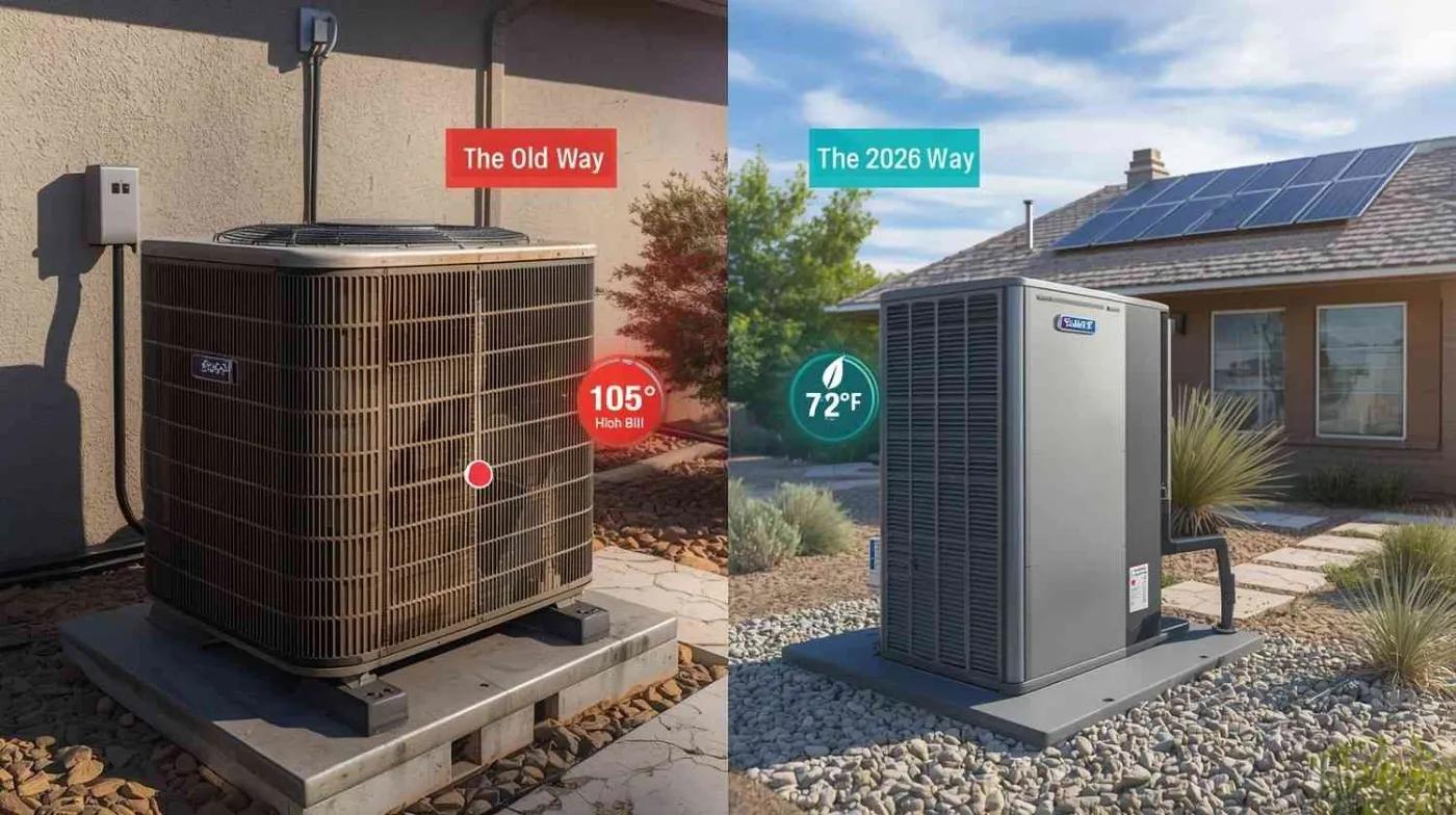 Split image comparing a worn old AC condenser with a new heat pump beside a solar-roofed home