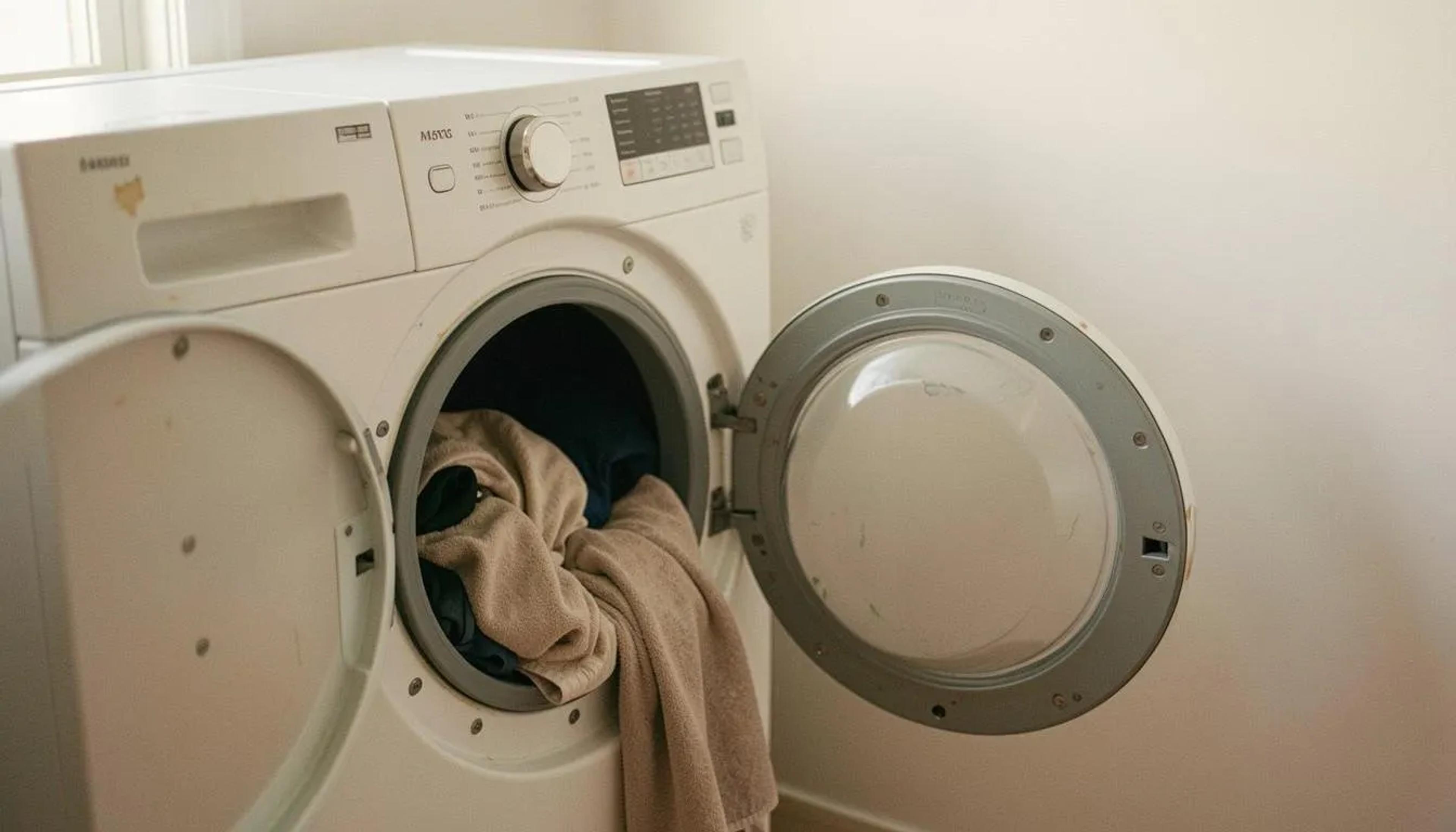 Front-load dryer with its door open and a damp towel spilling out of the drum