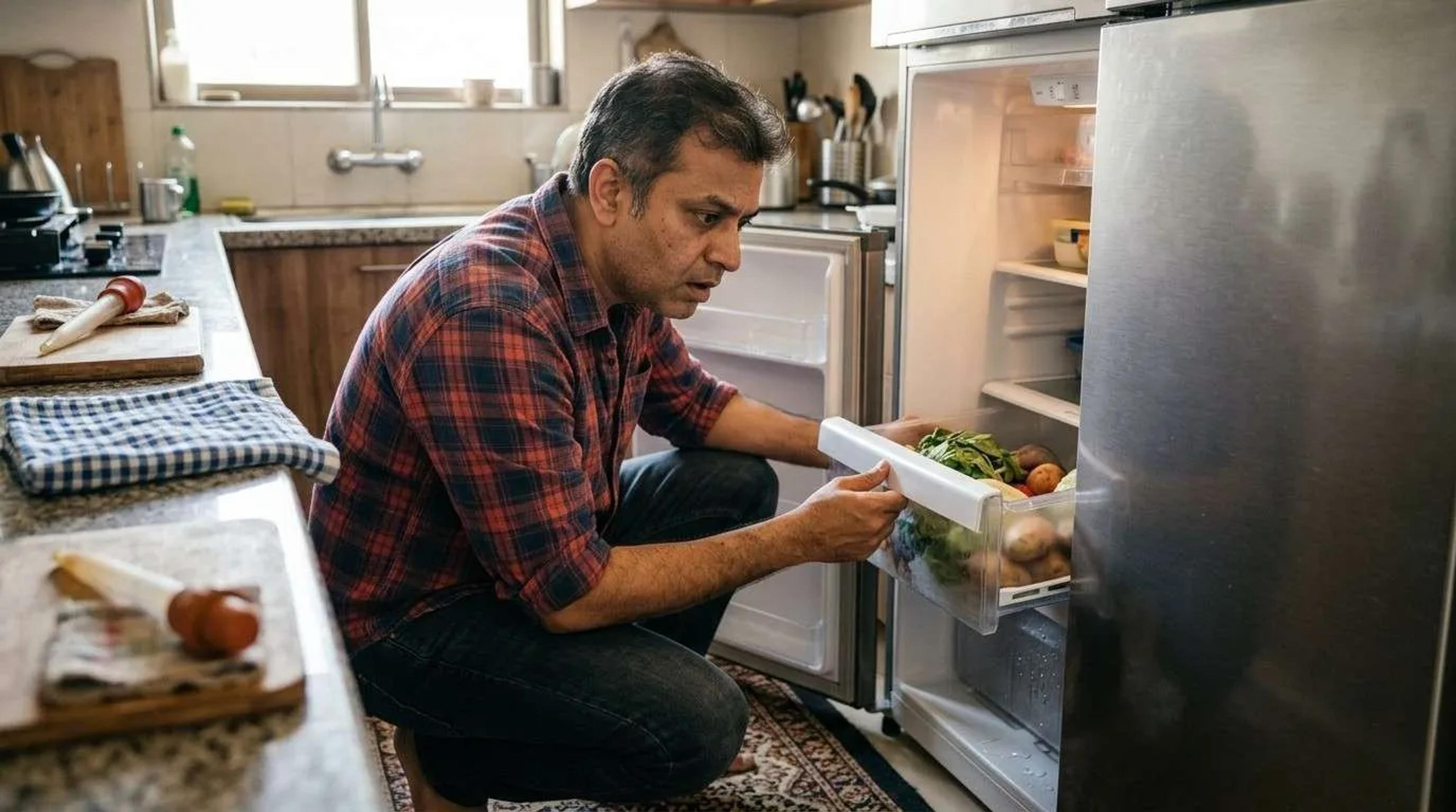 Man kneeling at an open refrigerator, pulling out a crisper drawer of vegetables in a kitchen