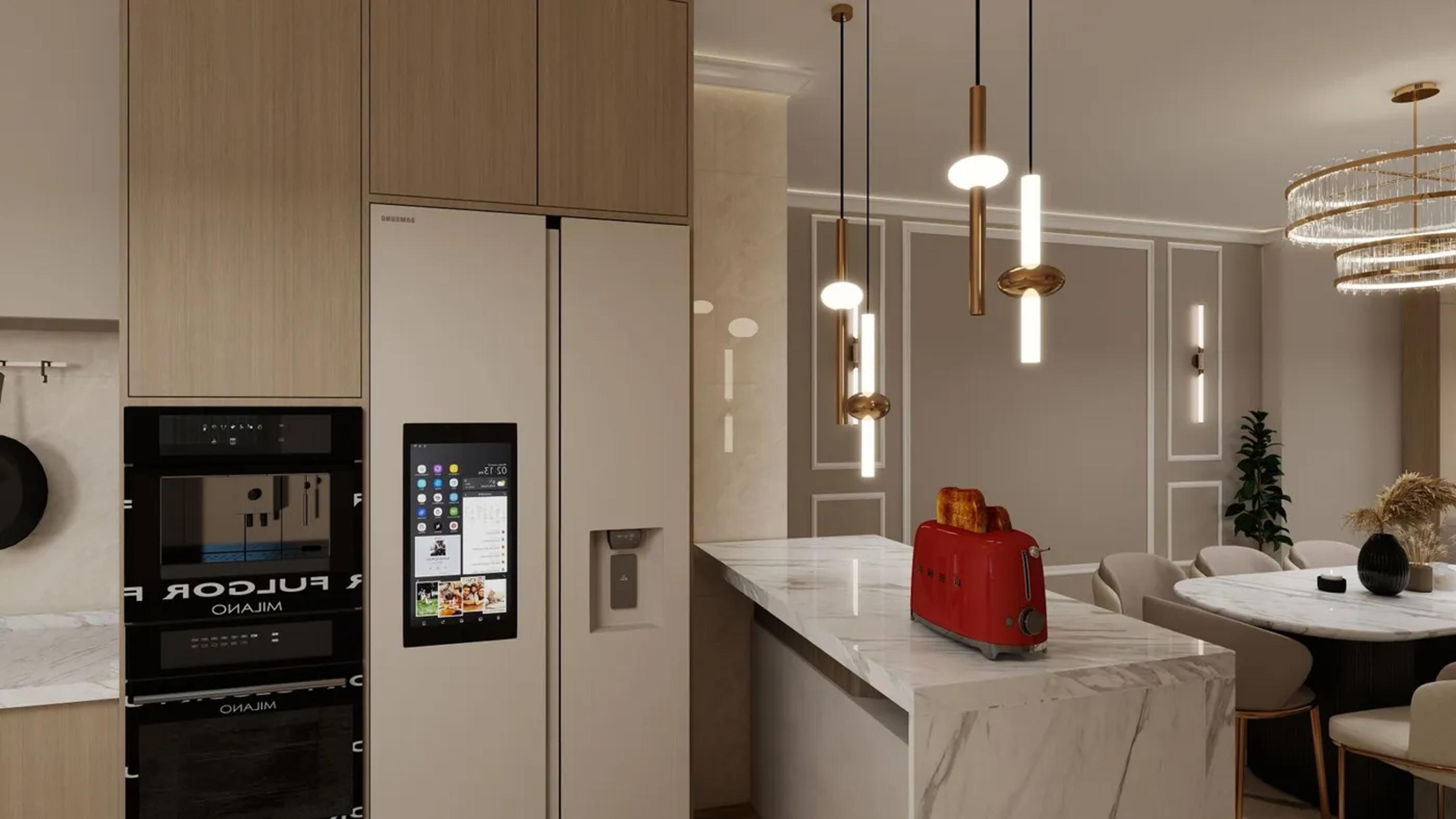 Kitchen with a refrigerator that has a built-in touchscreen panel
