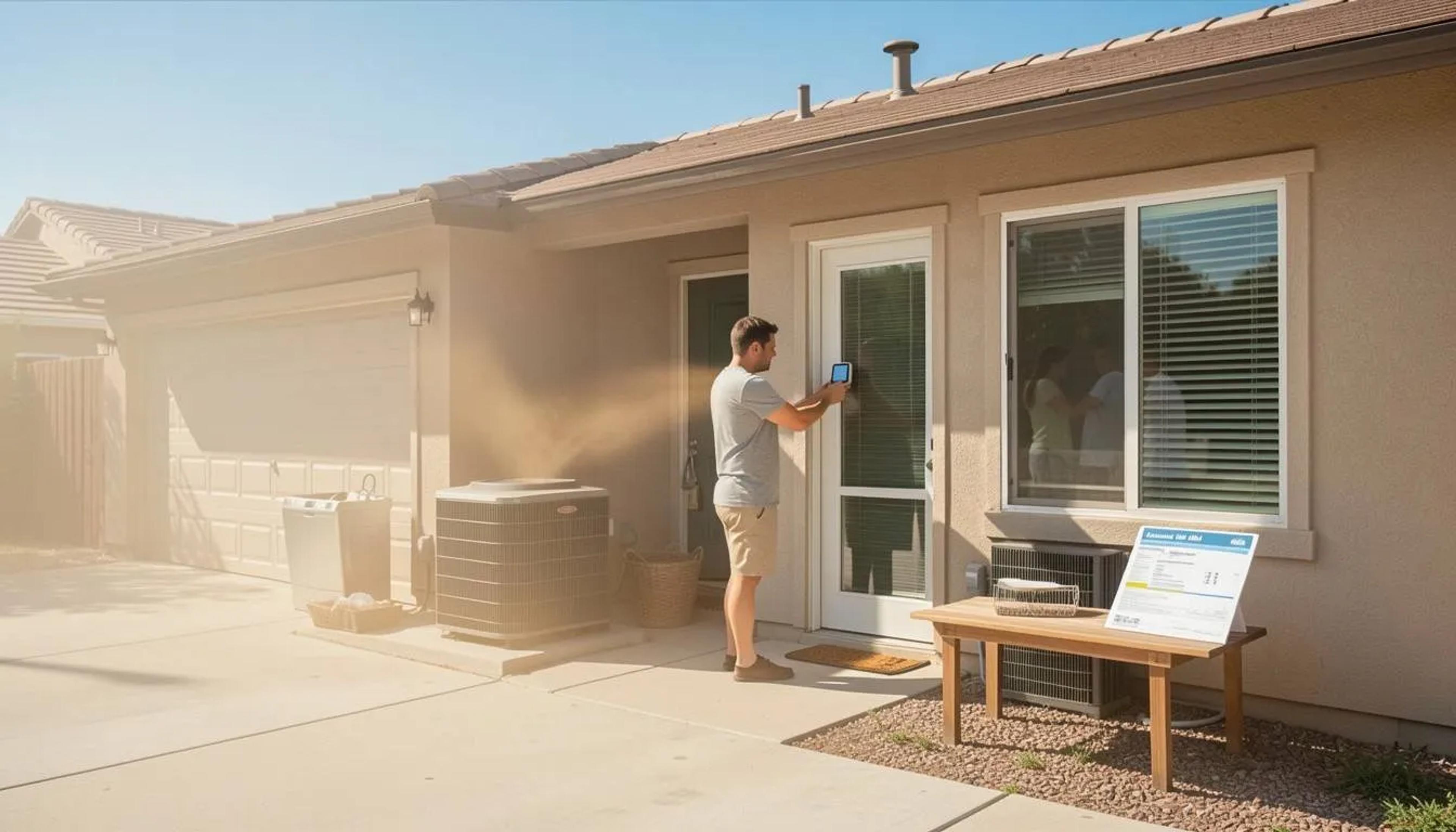 Man adjusting a wall thermostat outside a stucco home beside an AC condenser on a hazy day