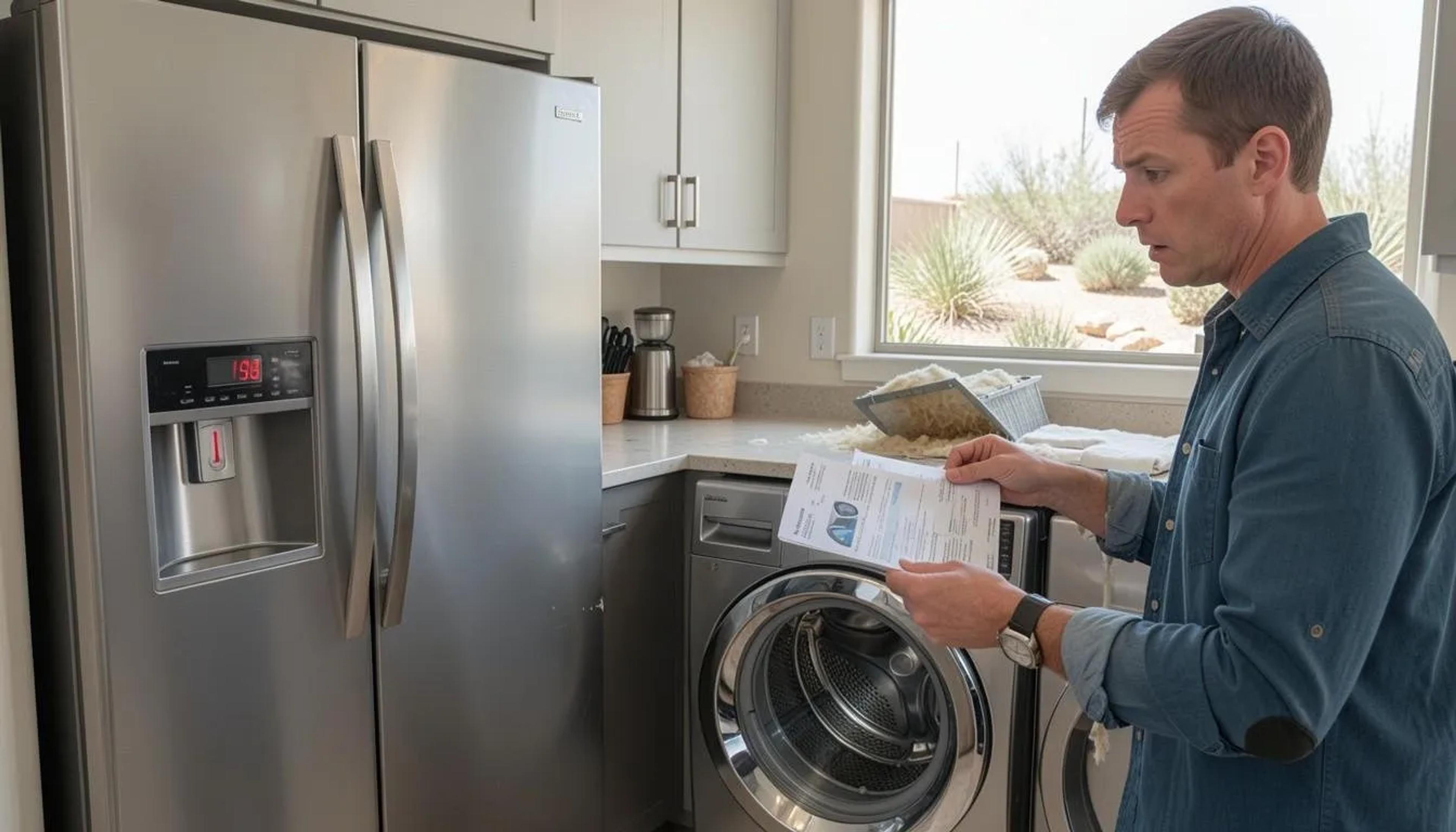 Concerned man reading a utility bill beside a stainless refrigerator and front-load washer