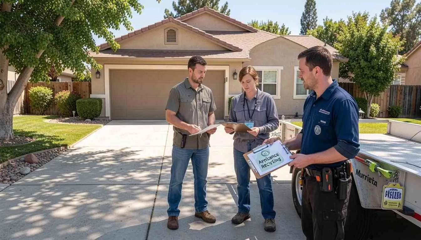 Three workers with clipboards discuss appliance recycling in a suburban home driveway beside a trailer