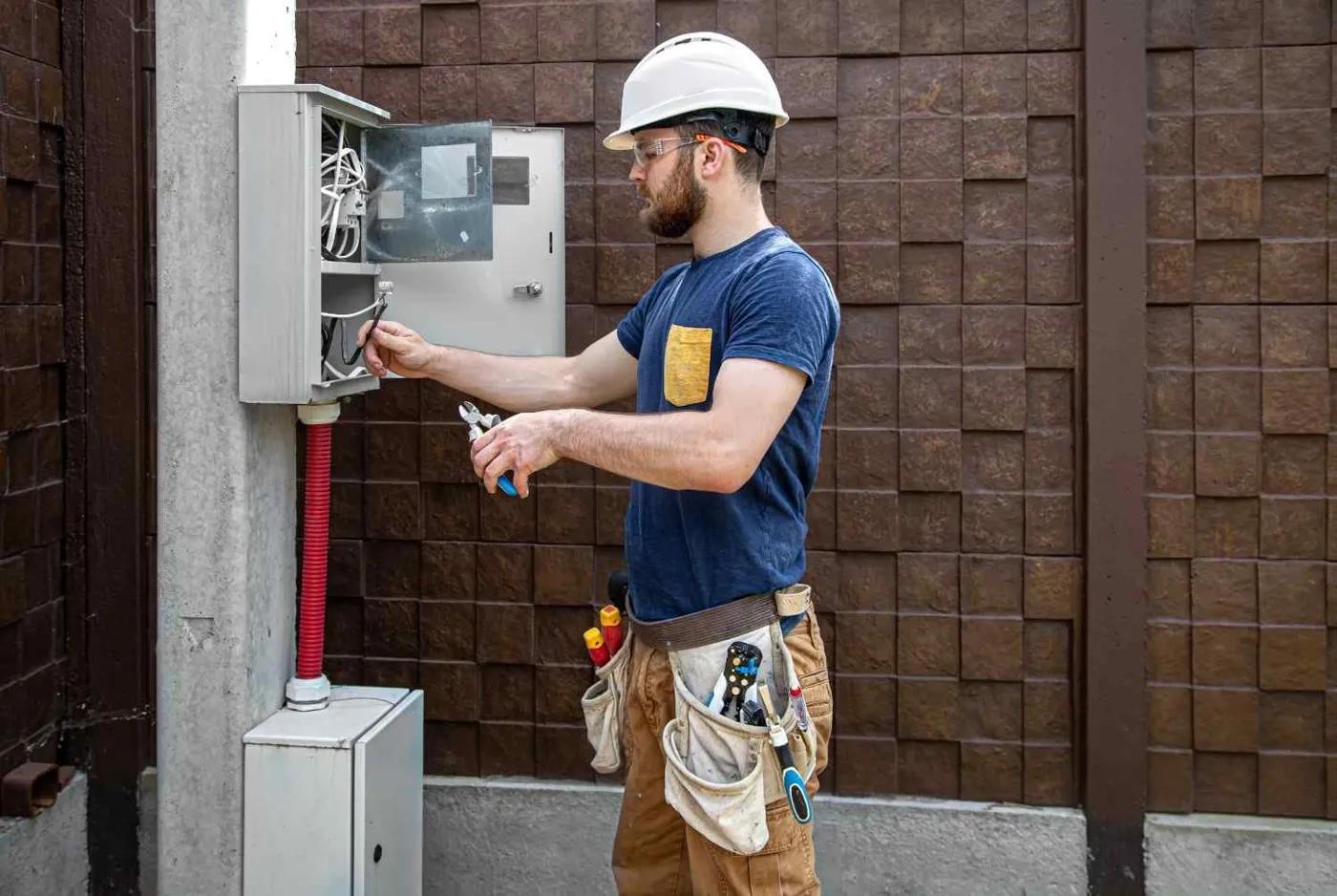 Electrician in a hard hat and safety glasses working on wiring in an outdoor electrical box