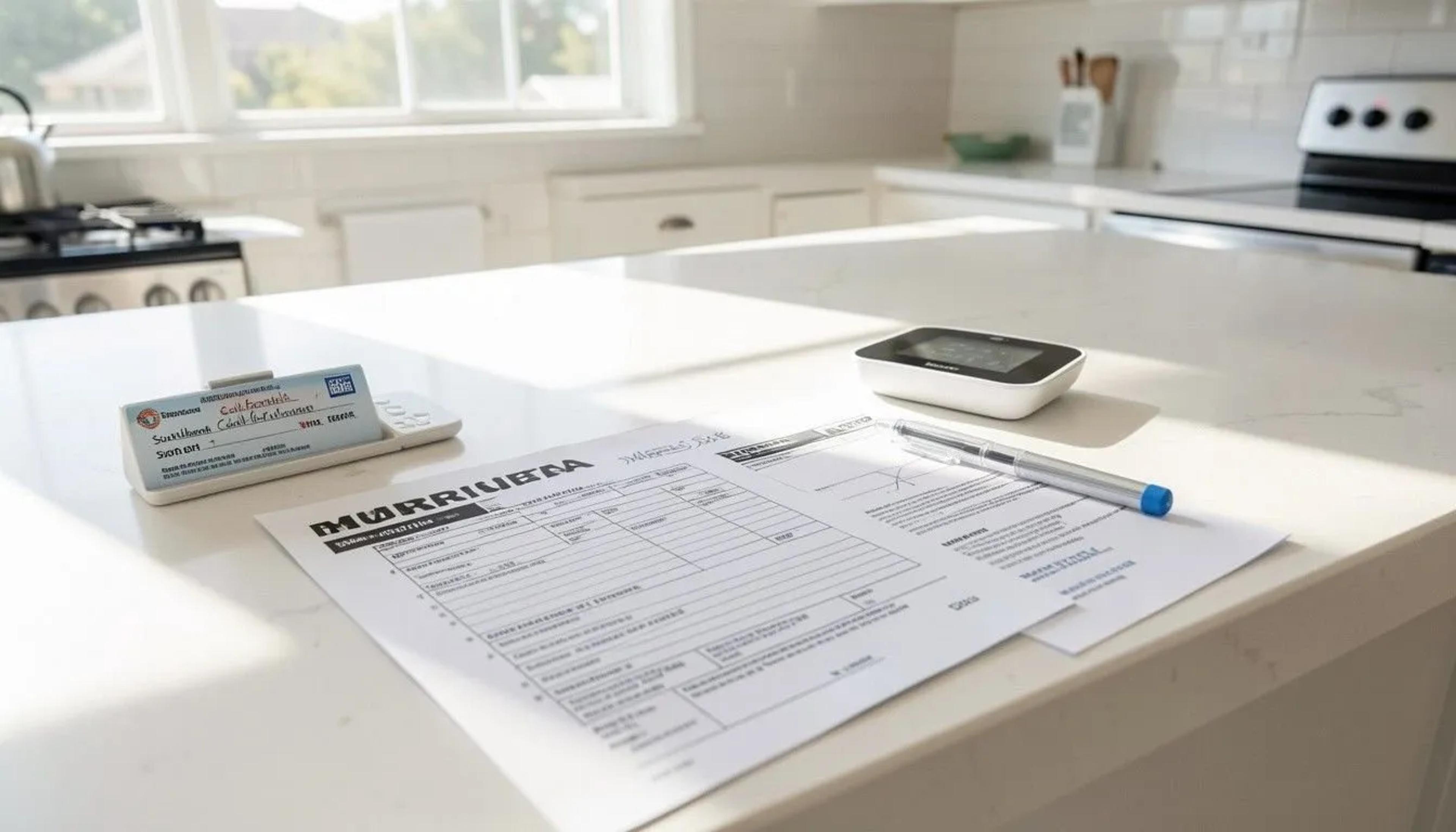 Rebate paperwork, a pen, and a smart thermostat on a sunlit white kitchen counter