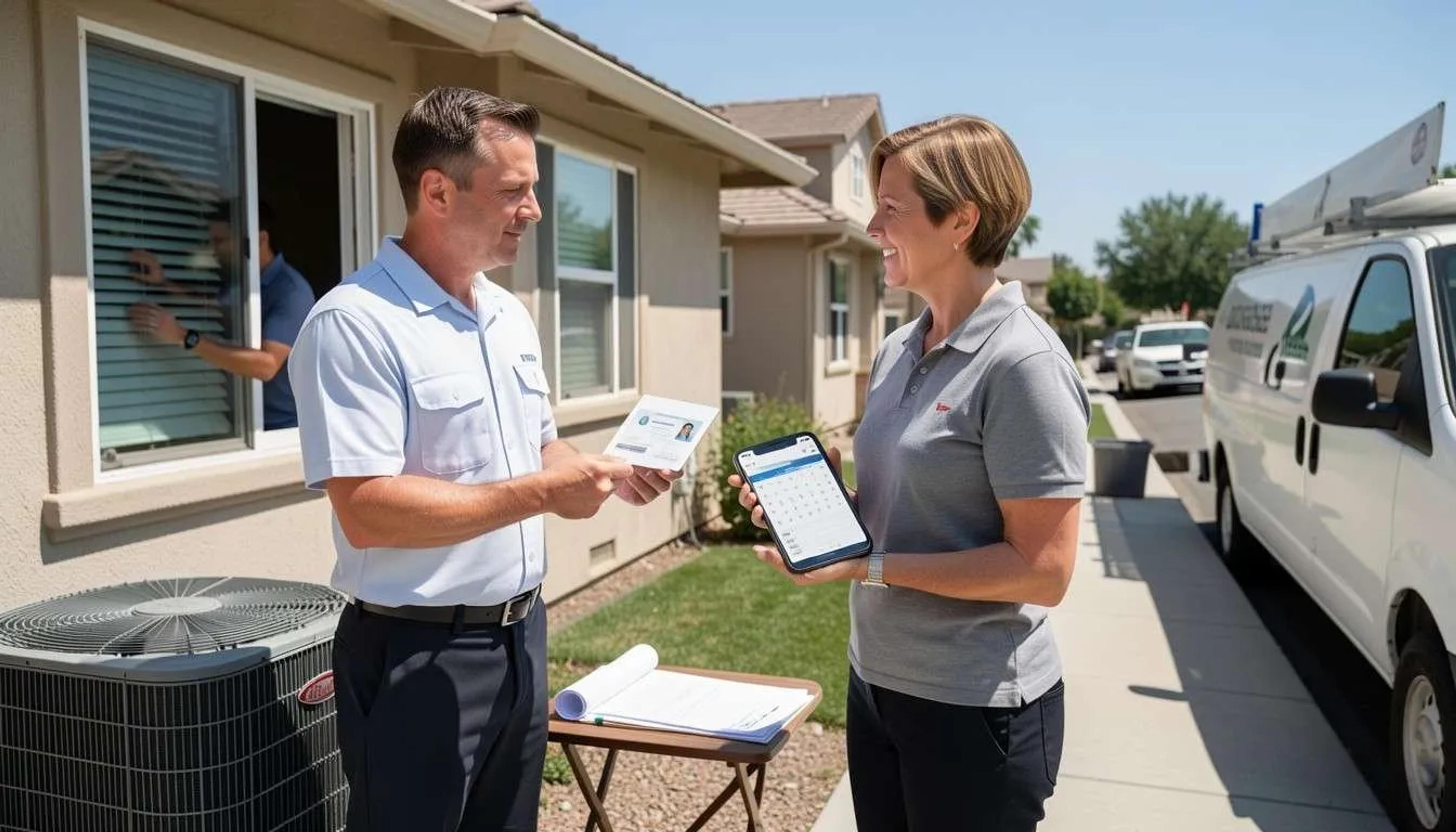 Technician showing an ID card to a smiling homeowner beside an outdoor AC unit and service van