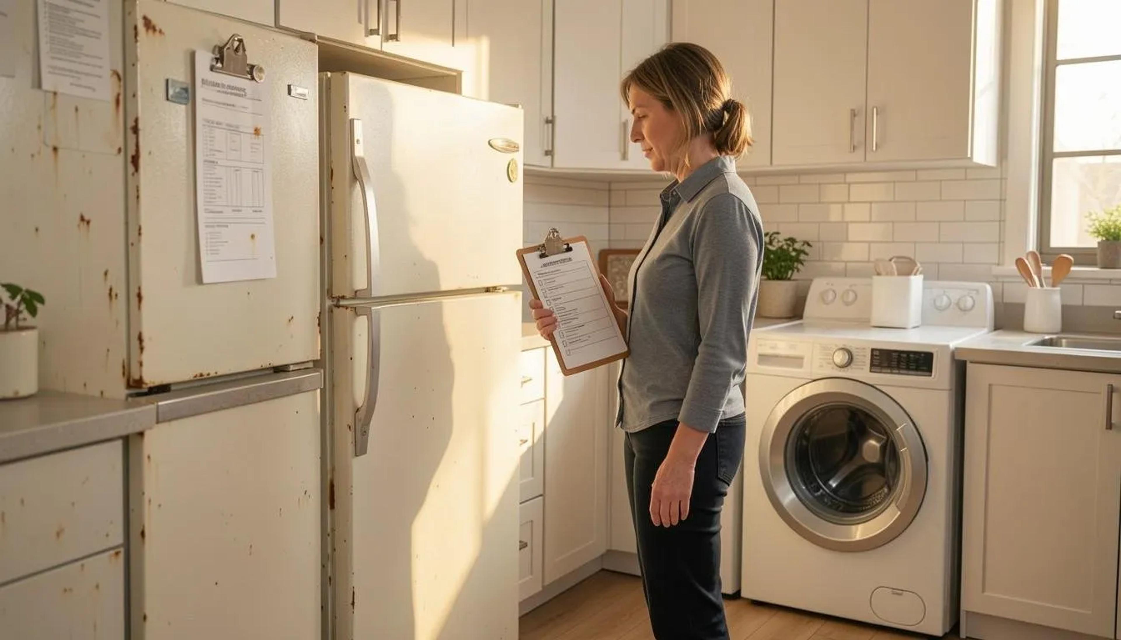 Woman holding a clipboard checklist beside an old rust-spotted refrigerator and a front-load washer