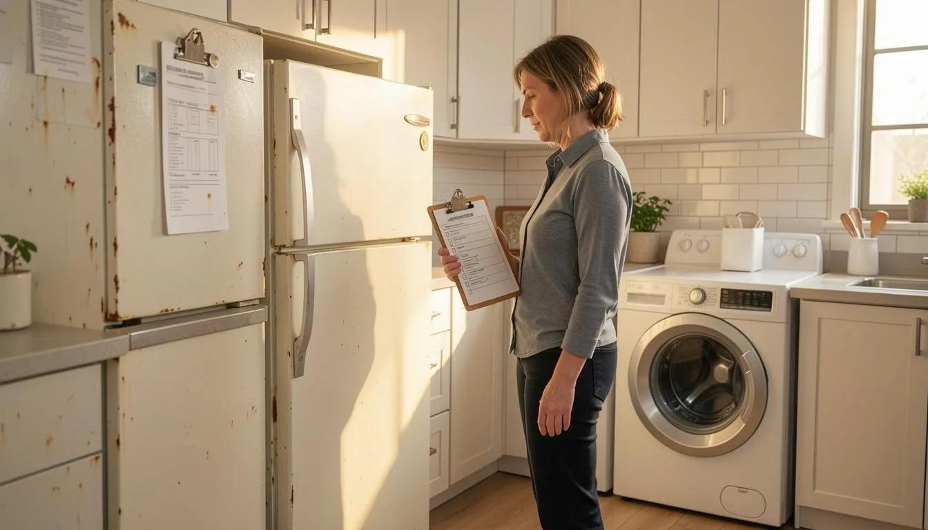 Woman holding a clipboard checklist beside an old rust-spotted refrigerator and a front-load washer