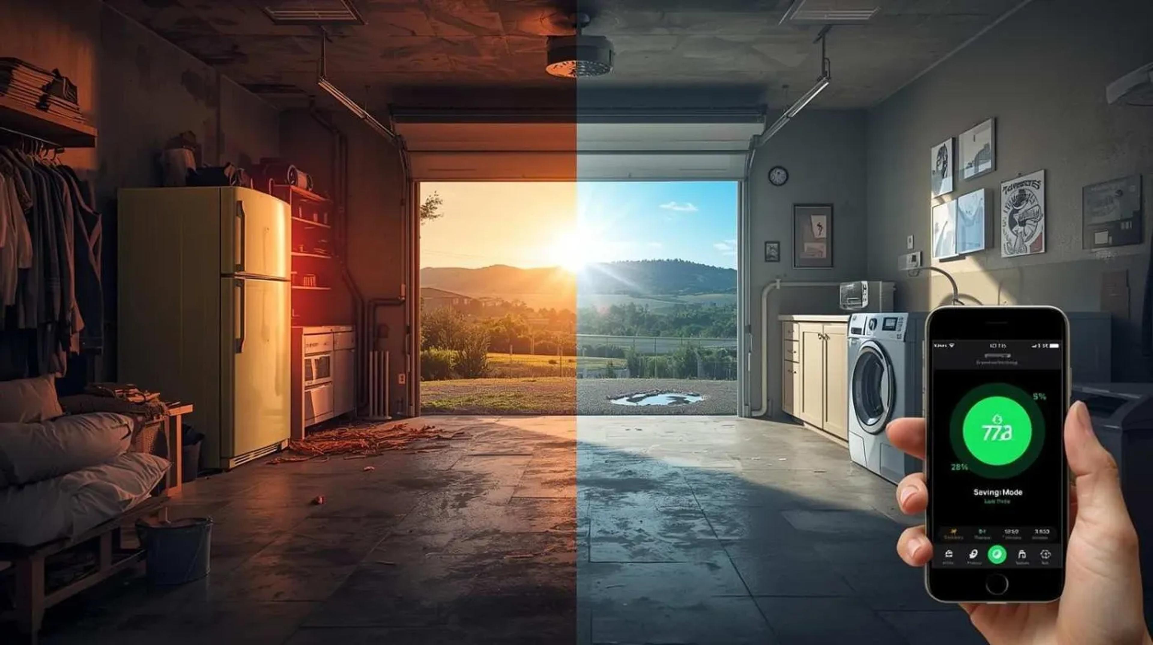Split garage scene with an old fridge on one side and a washer and phone energy app on the other