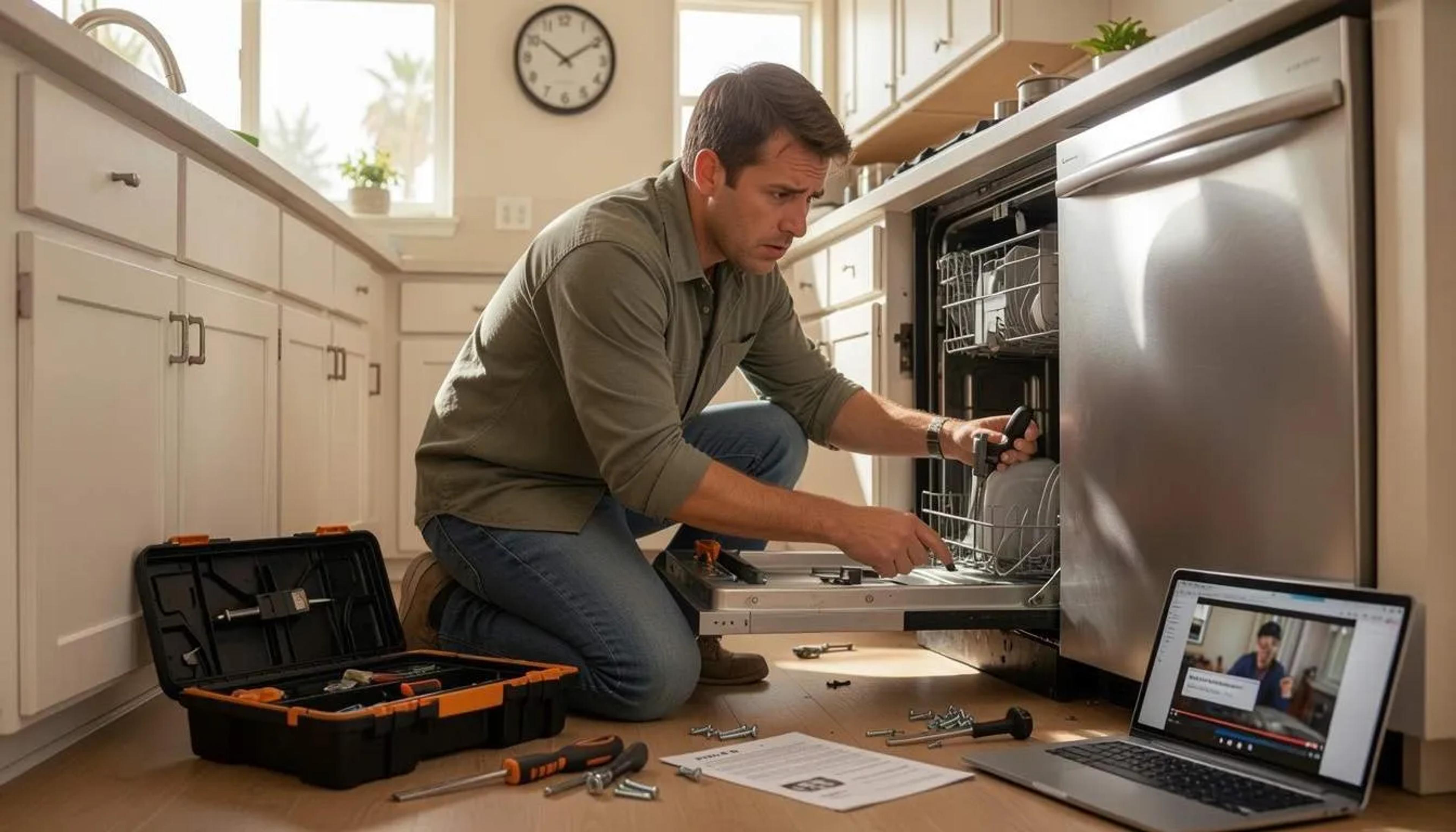 Man kneeling with tools beside a disassembled dishwasher, following a repair video on a laptop
