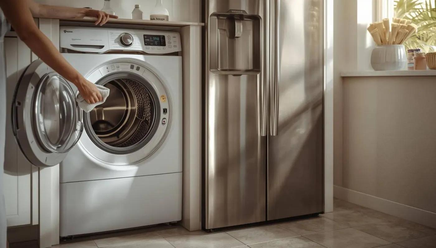 Person wiping the door of a front-load washer beside a stainless steel side-by-side refrigerator