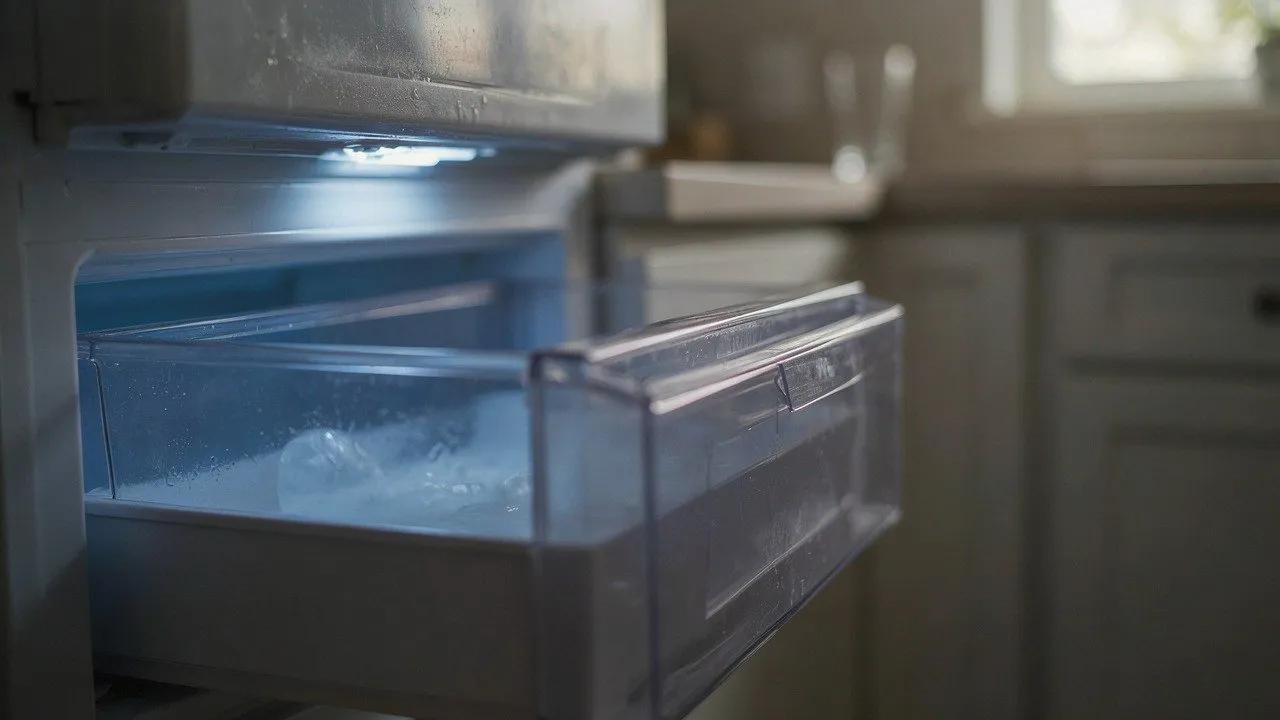 Open freezer drawer with a nearly empty clear ice bin holding a few melting cubes