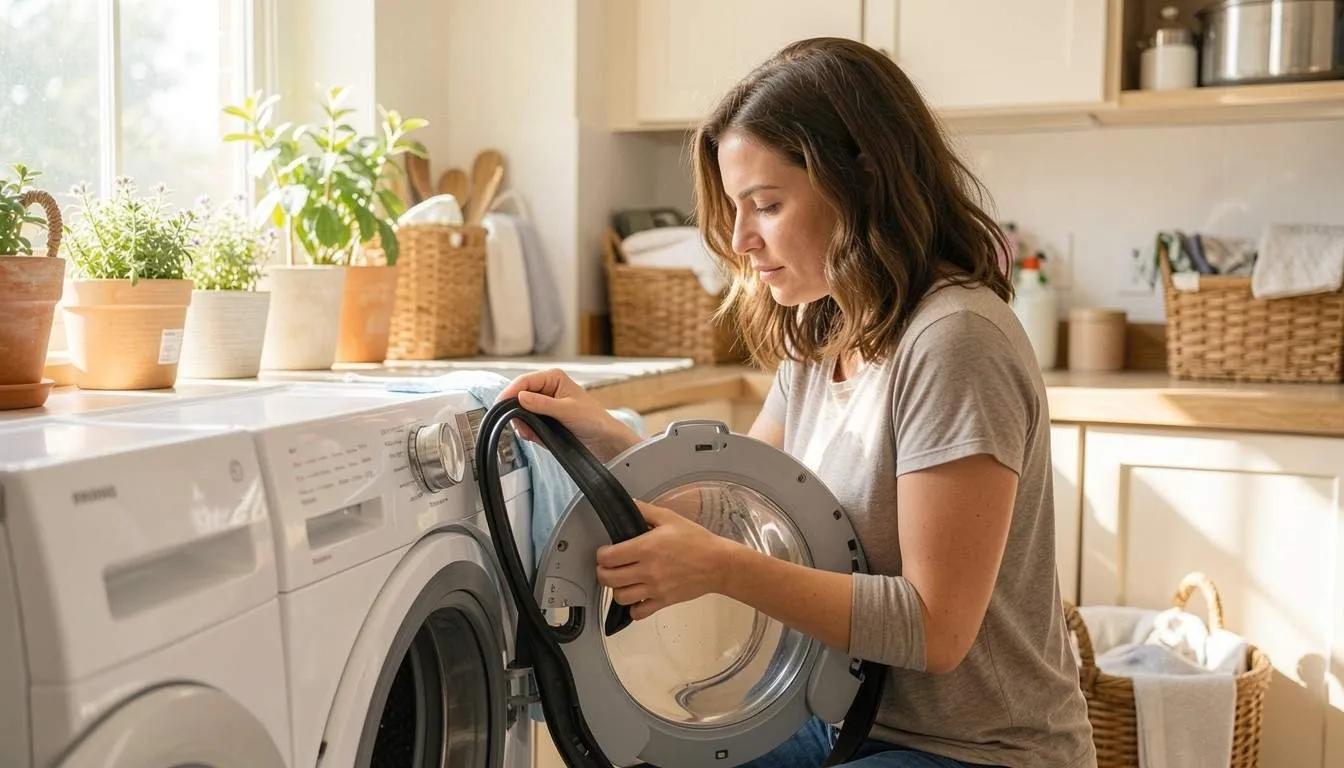 Woman pulling the rubber door gasket from a front-load washer door in a sunny laundry room