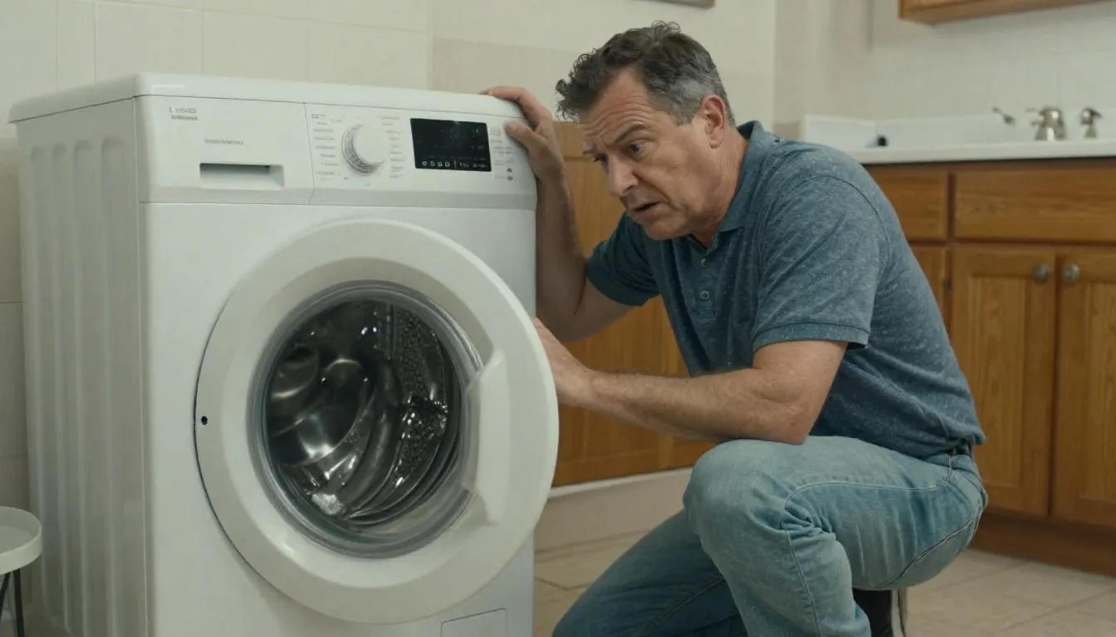 Worried man crouching beside a white front-load washing machine, peering at its closed door