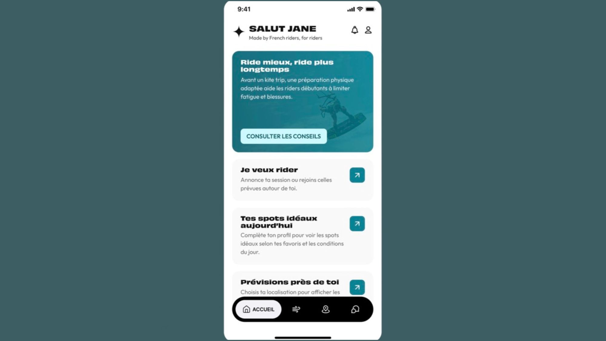 Ecran de l'application flyrider