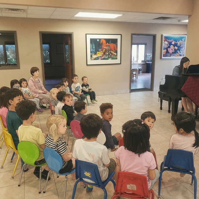 A preschool alum plays piano for the preschoolers