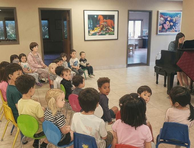 Preschool alum playing piano for young students