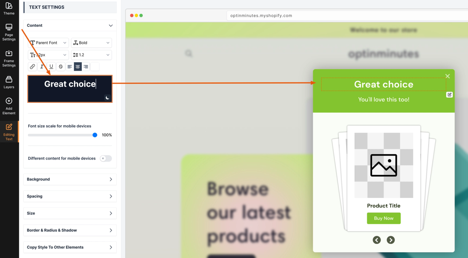 Update the text of the popup