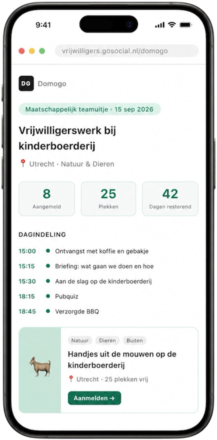 Het Go Social vrijwilligers-platform op een telefoon