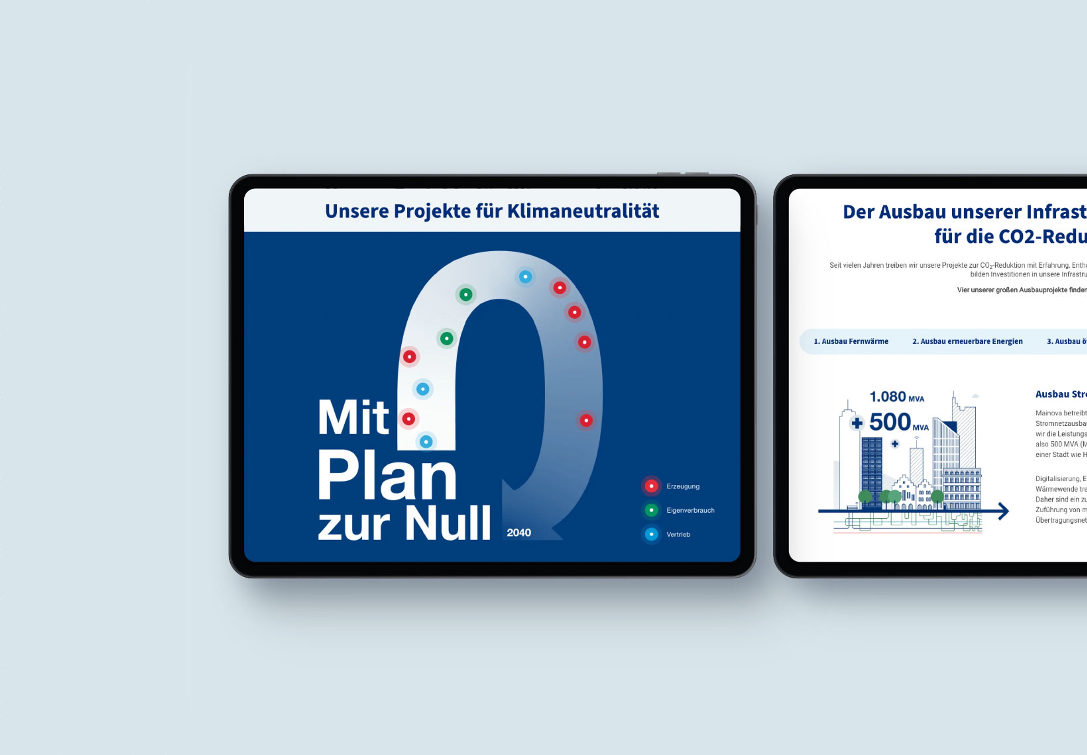 Tablet mit Kampagne Plan zur Null und interaktiver Karte mit Meilensteinen