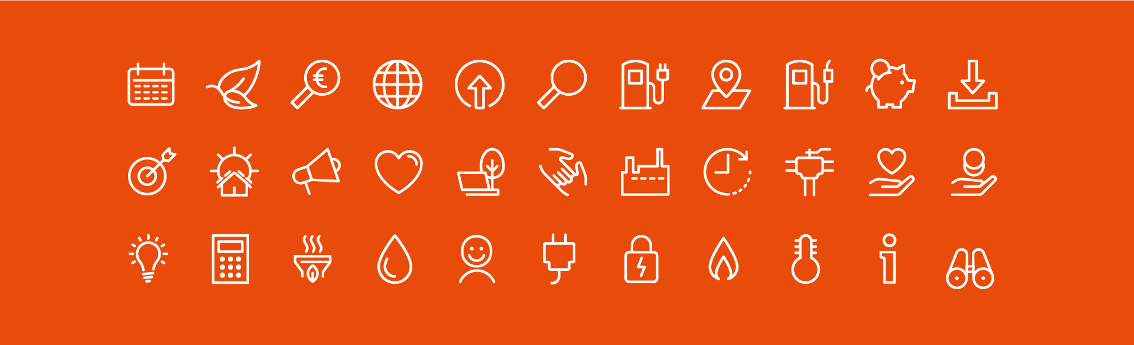 weiße lineare Icons vor rotem Hintergrund mit einheitlicher Strichstärke 