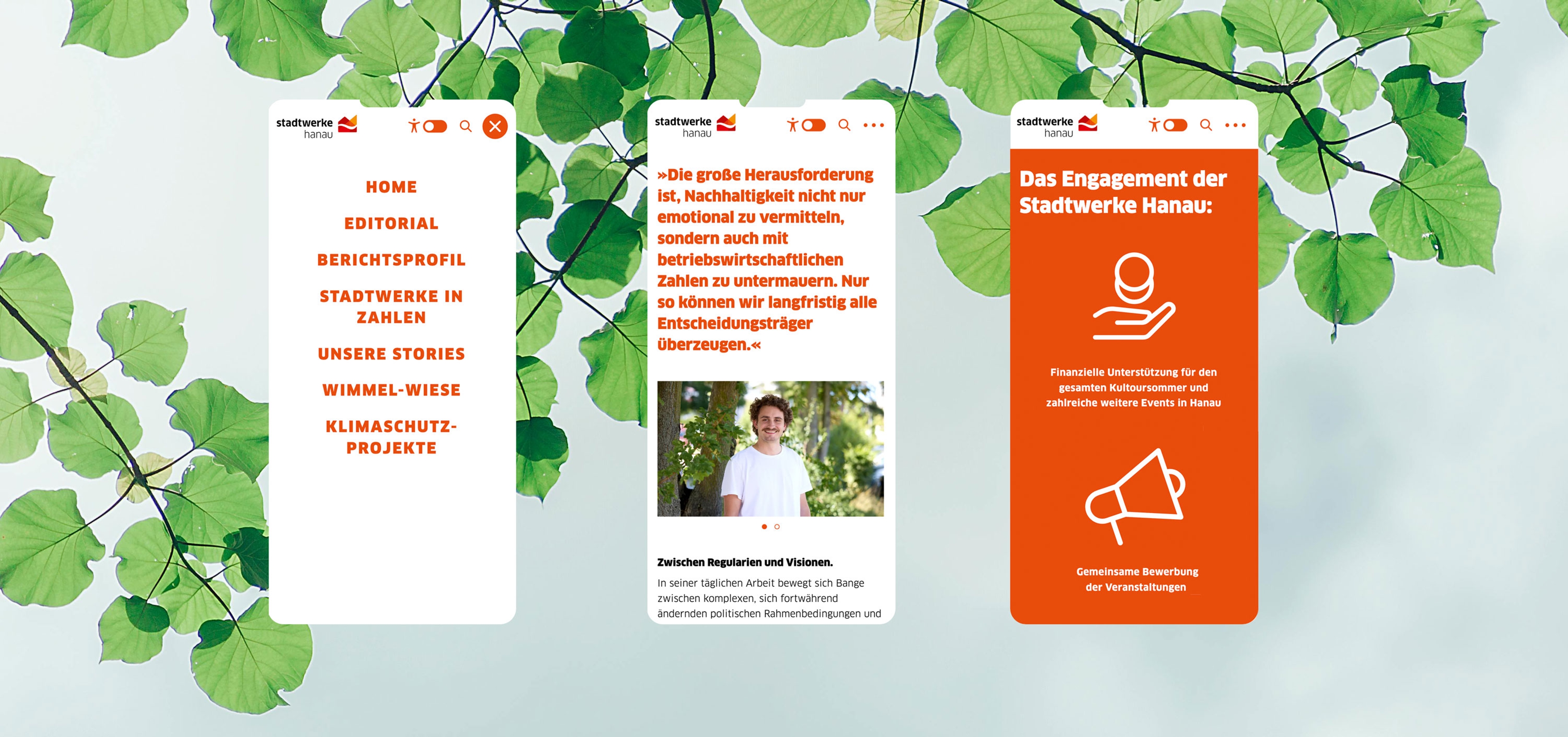drei mobile Darstellungen der Website vor einem Himmel mit leuchtenden grünen Baumblättern