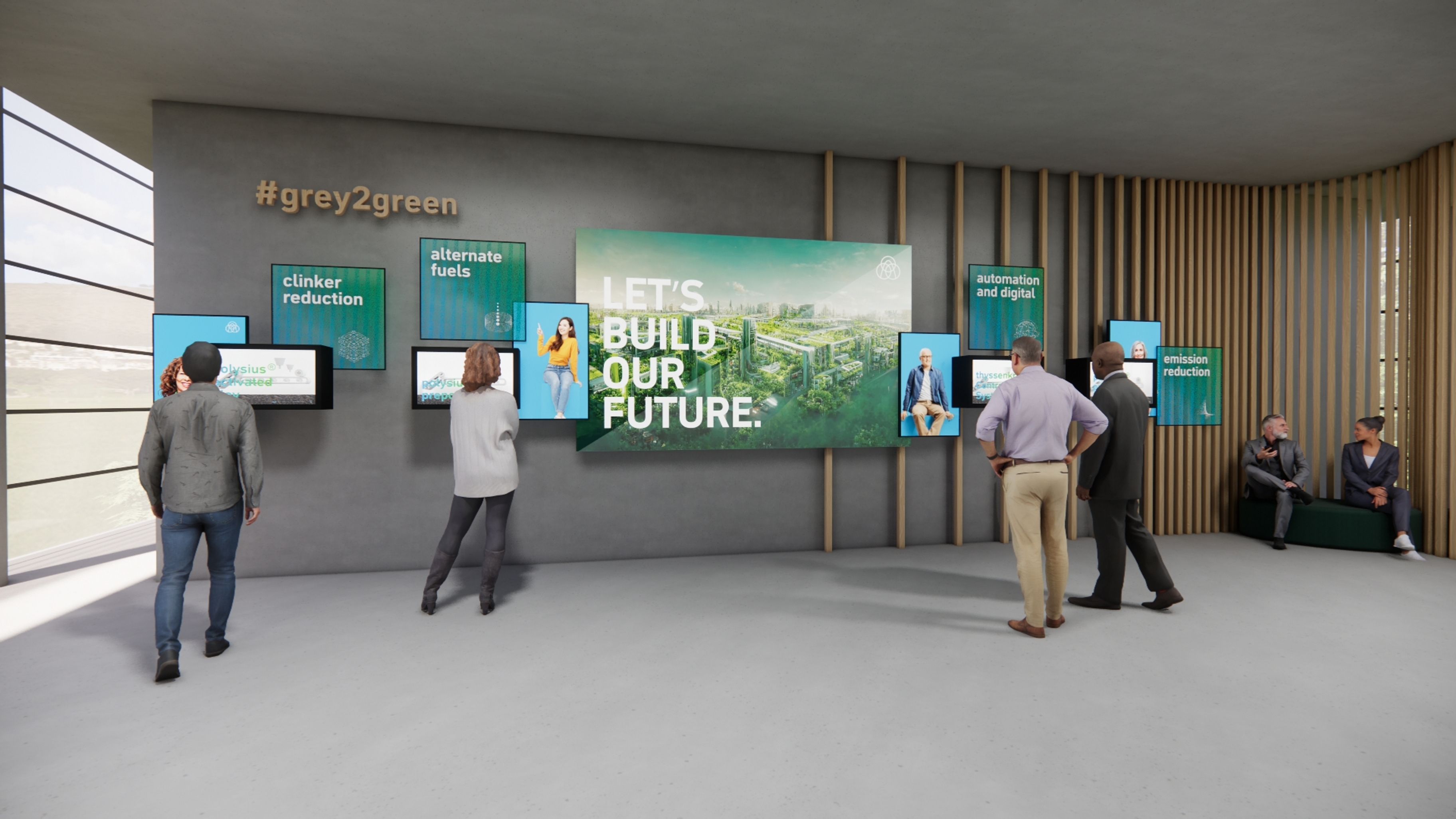 Digitales Rendering von Ausstellungskonzept im Innenraum bei Thyssen mit Menschen, die vor analogen und digitalen Screens stehen