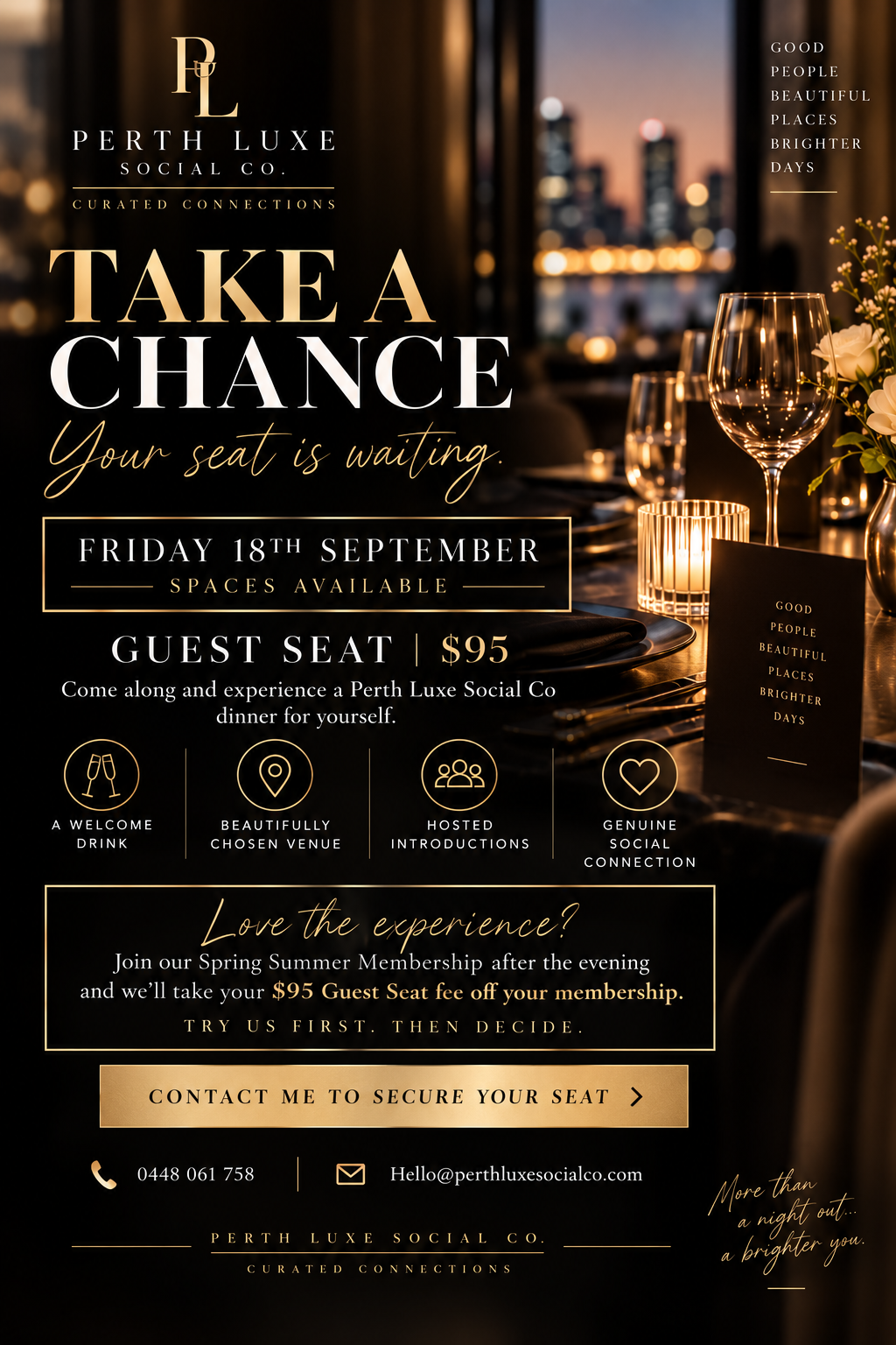 Perth Luxe Social Co — Spring Summer Social Club. Discover Perth's Hidden Gems with like-minded people. $495, 20 spots only.