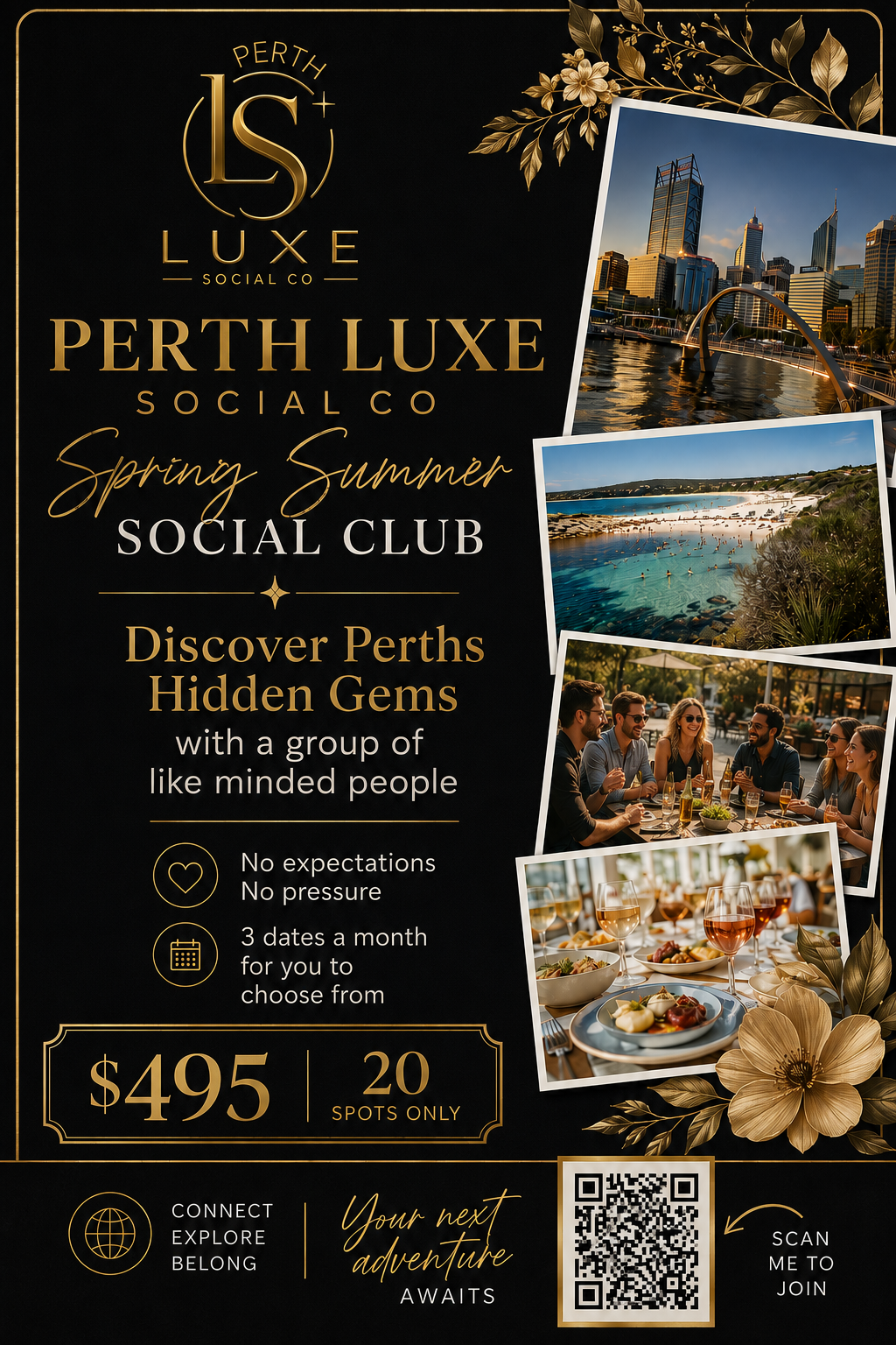 Perth Luxe Social Co — Spring Summer Social Club. Discover Perth's Hidden Gems with like-minded people. $495, 20 spots only.