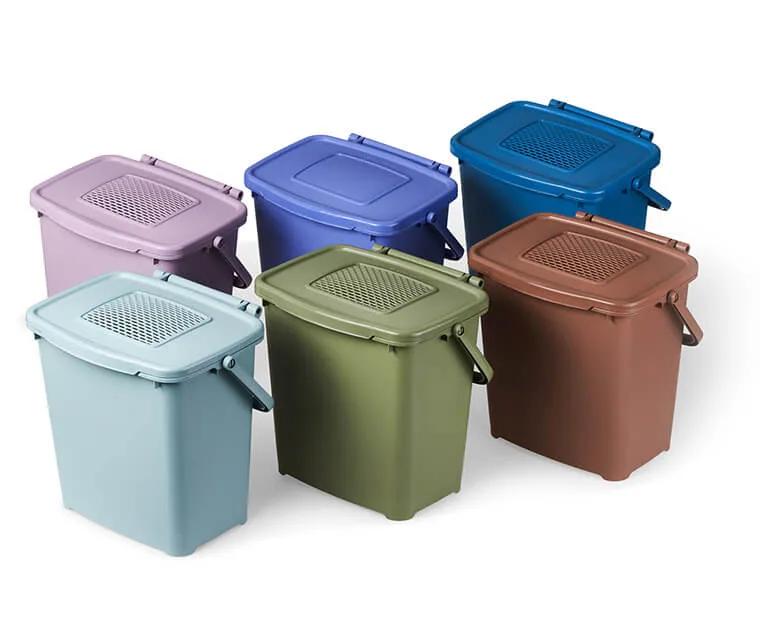 Post-consumer Second Life Plastic now permits also the option per MOQ of charming colours that are unusual for food waste kitchen caddies.