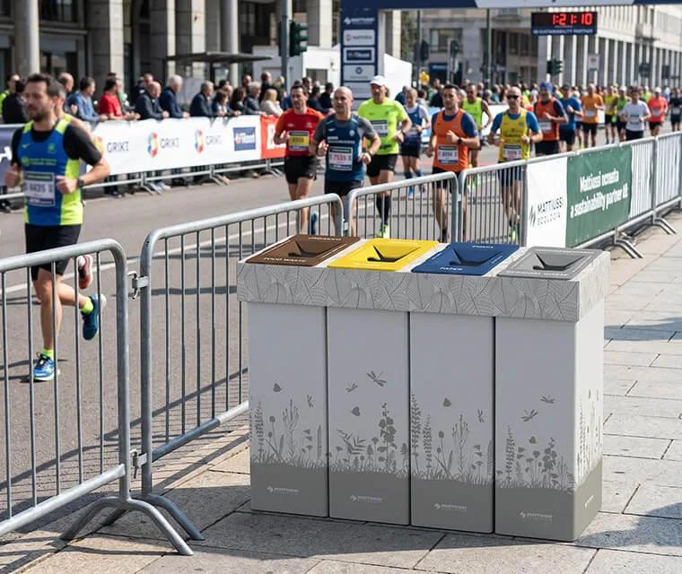 Cart-One made of eco-friendly cardboard in the 4x50 version, a compact container with 4 disposal apertures for different types of collection, extremely versatile for sporting or cultural events.