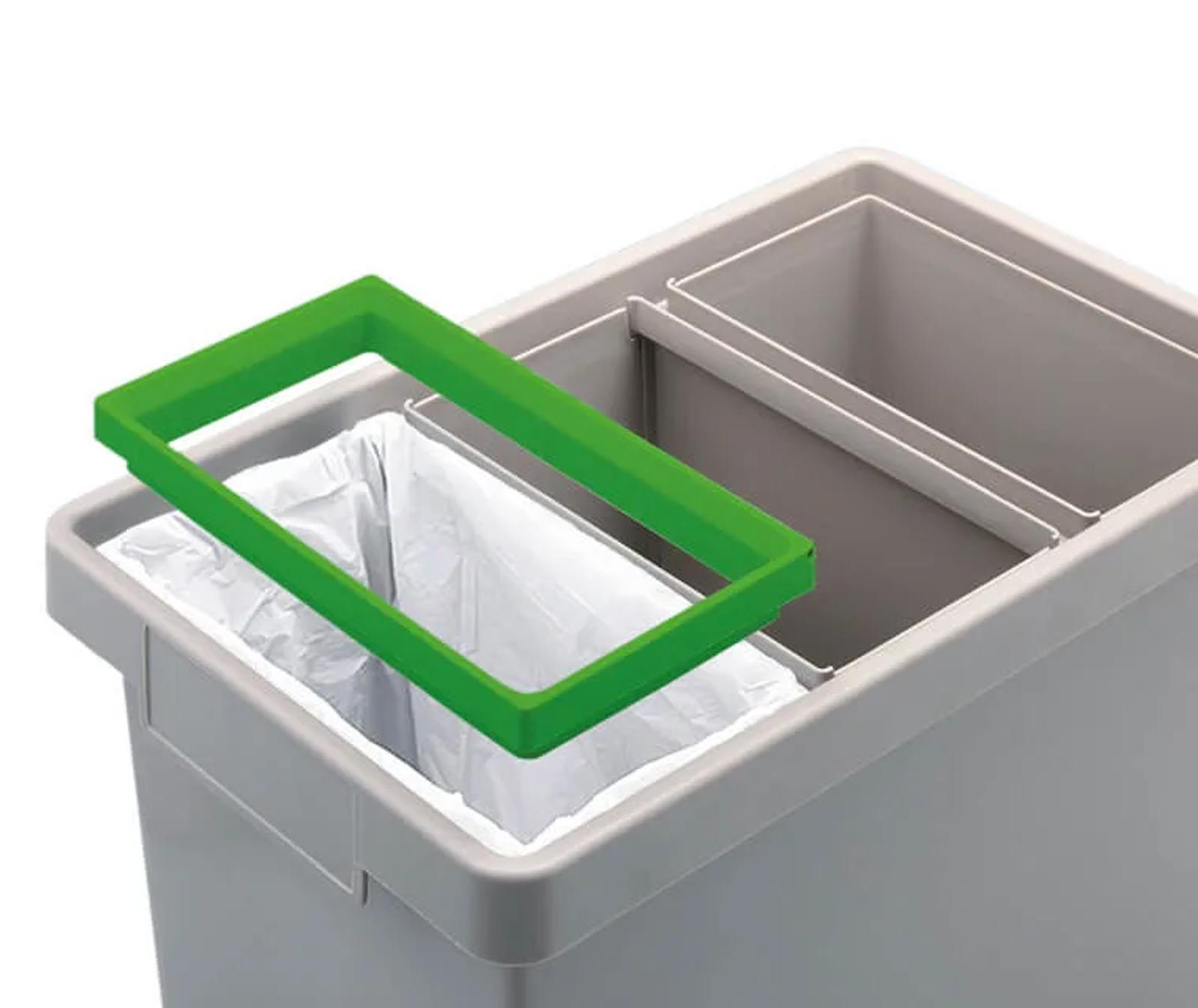 Three compartments, two internal dividers and three bag holders for the hinged mini-lids.