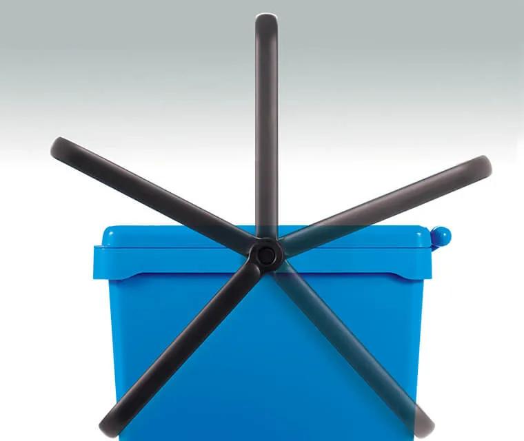 The lid-locking device keeps the lid shut when the handle is vertical or hangs on the front of the bin but disengages automatically when the bin is emptied.