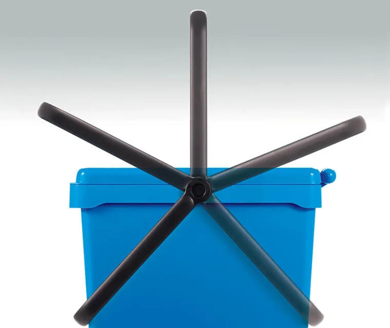 The lid-locking device keeps the lid shut when the handle is vertical or hangs on the front of the bin but disengages automatically when the bin is emptied.