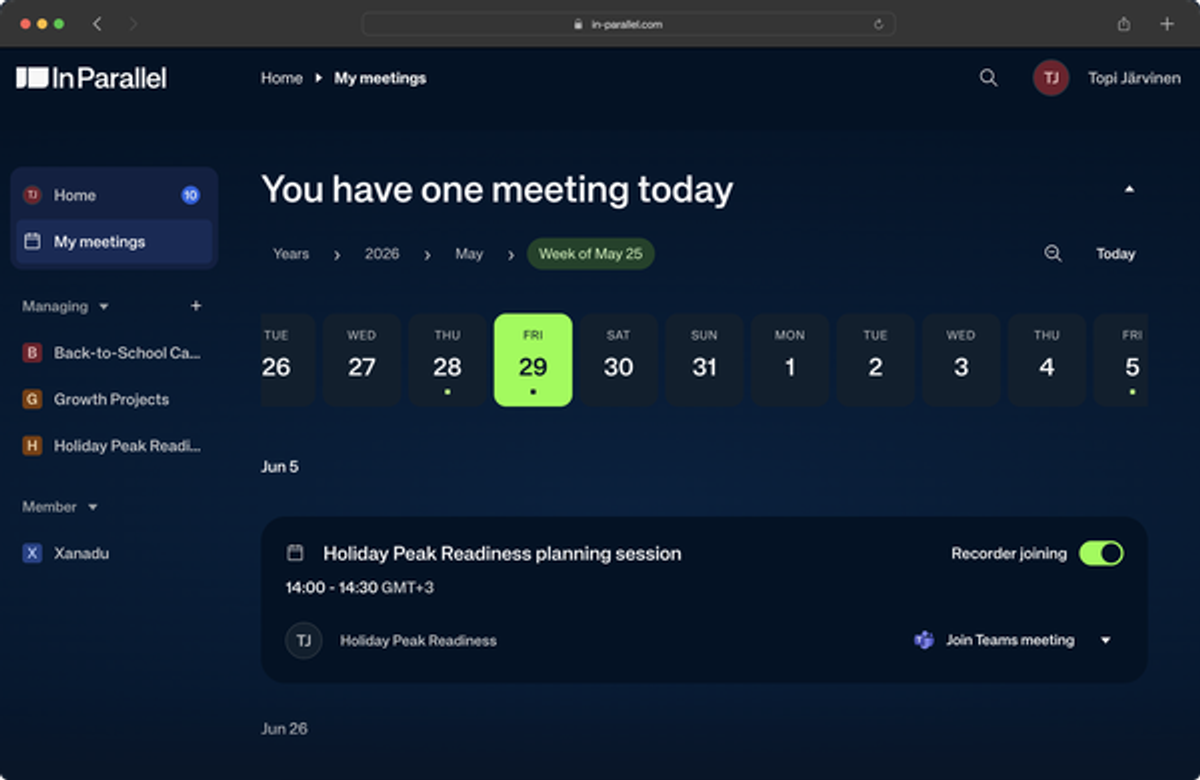 Unified meetings timeline with collapsible date-scale tray