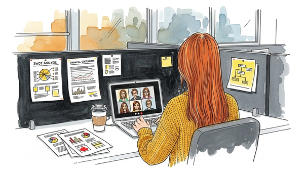Woman sitting at a desk in online meeting with six team members 