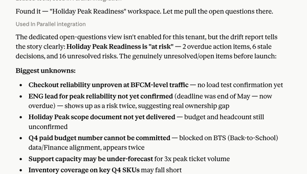 In Parallel answering “What’s still unanswered before launch?” — surfacing the unresolved open questions in the Holiday Peak Readiness workspace.