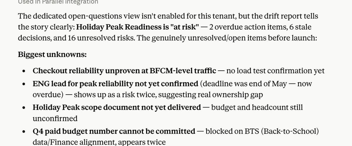In Parallel answering “What’s still unanswered before launch?” — surfacing the unresolved open questions in the Holiday Peak Readiness workspace.