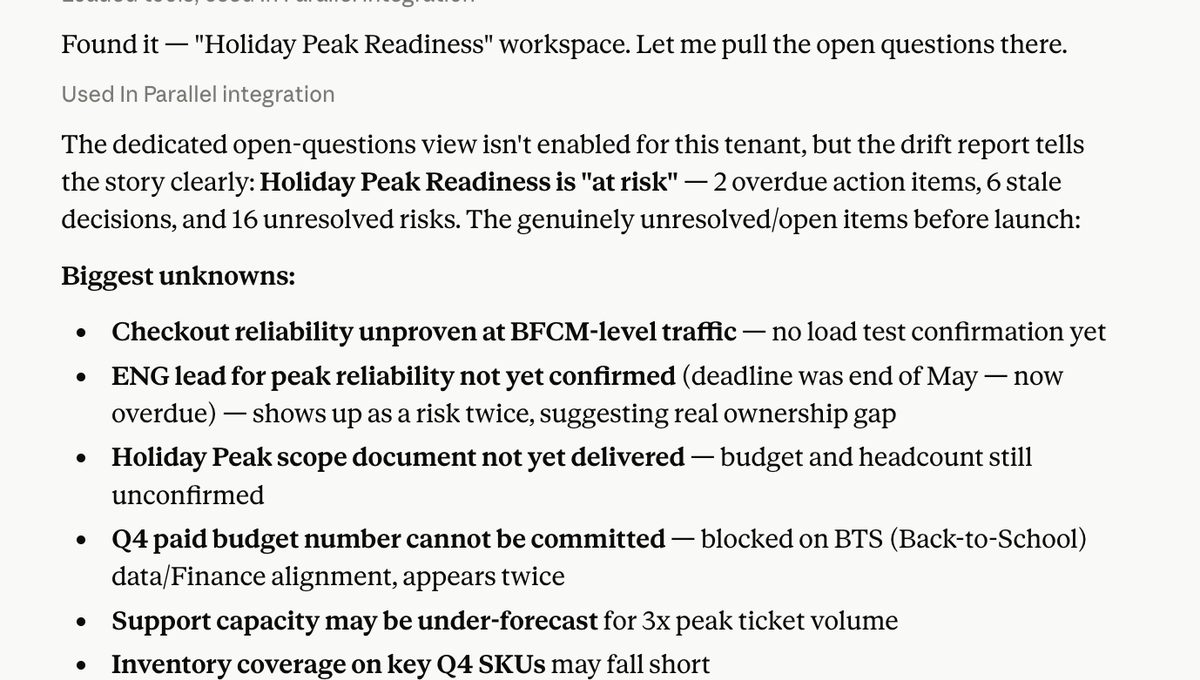 In Parallel answering “What’s still unanswered before launch?” — surfacing the unresolved open questions in the Holiday Peak Readiness workspace.
