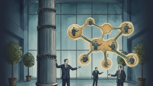 Illustration of a corporate hierarchy dissolving into an AI-powered network connecting managers and teams