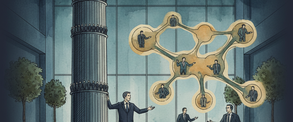 Illustration of a corporate hierarchy dissolving into an AI-powered network connecting managers and teams