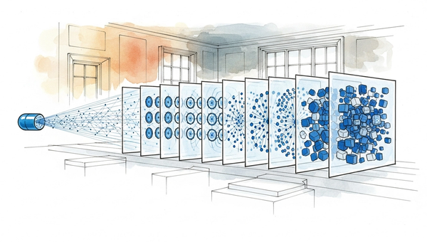 Diagram showing communication channels shrinking from a dense 150-person network to a lean 30-person AI-enabled team