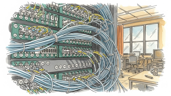 Pen-and-watercolor illustration of interconnected organizational nodes and communication flows, representing how systems mirror the organizations that build them.