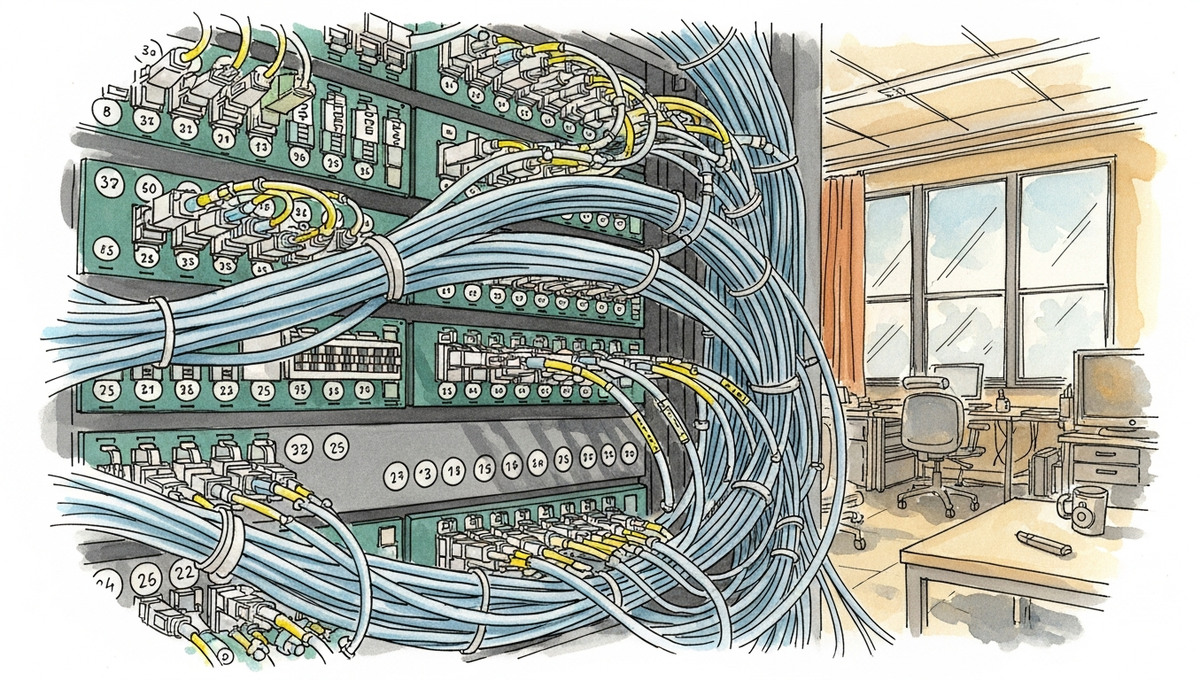 Pen-and-watercolor illustration of interconnected organizational nodes and communication flows, representing how systems mirror the organizations that build them.