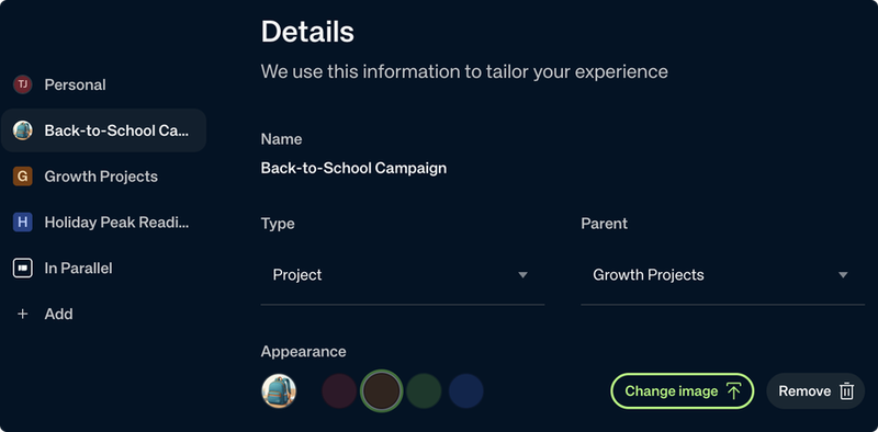 Give each workspace its own color or image, and reparent it from Settings