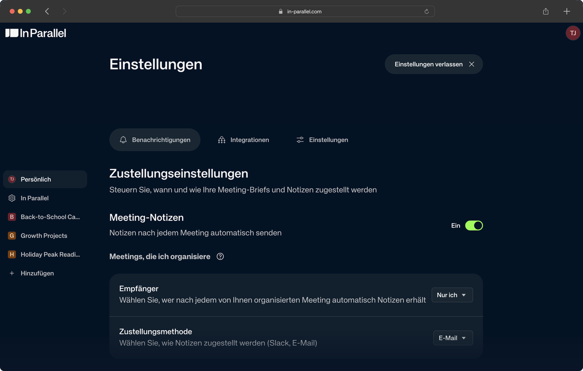 In Parallel UI in German — Settings → Personal → Language